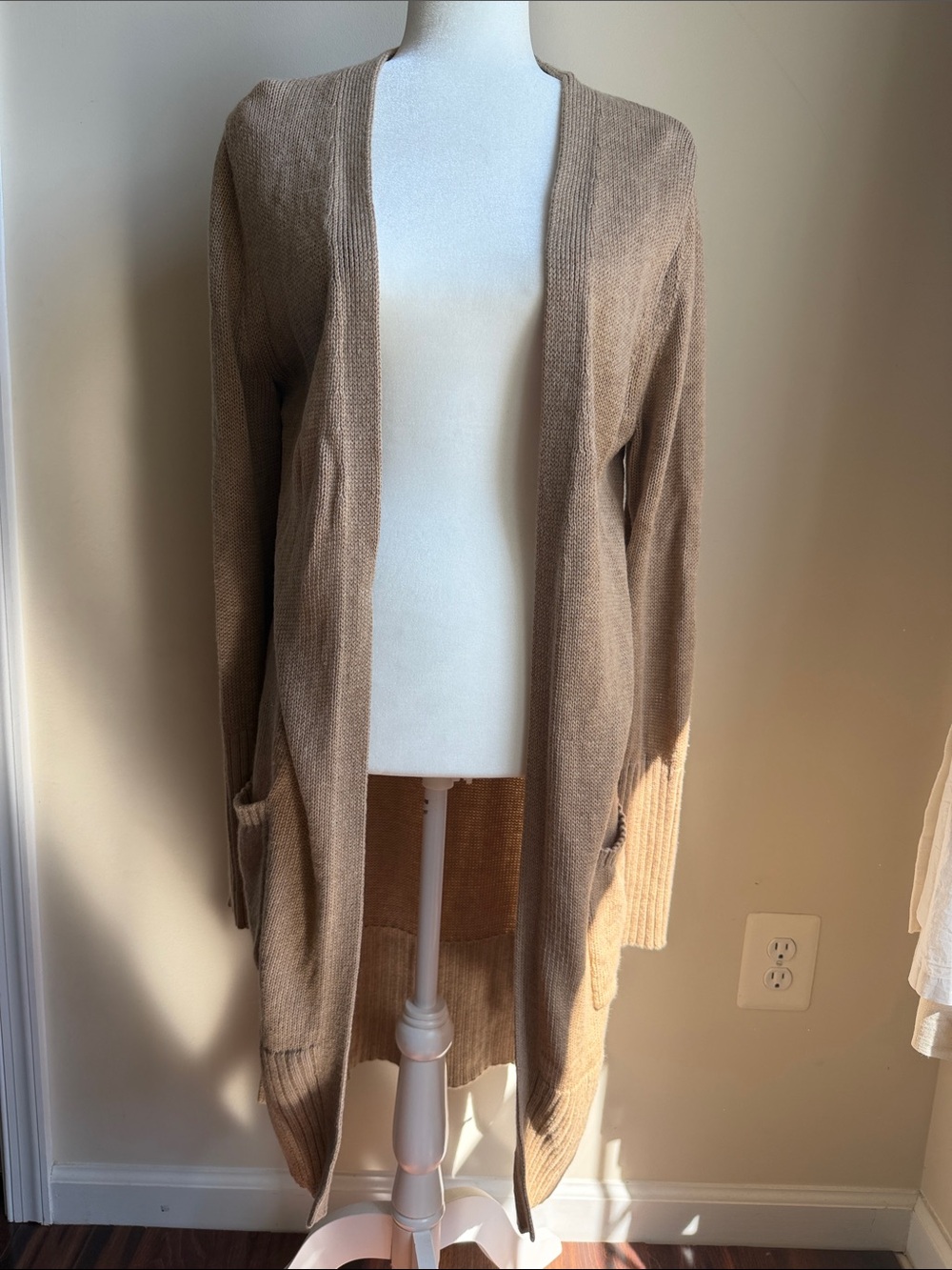 Athleta 100% Merino Wool Knit Duster Open Long Cardigan Camel Tan Womens M